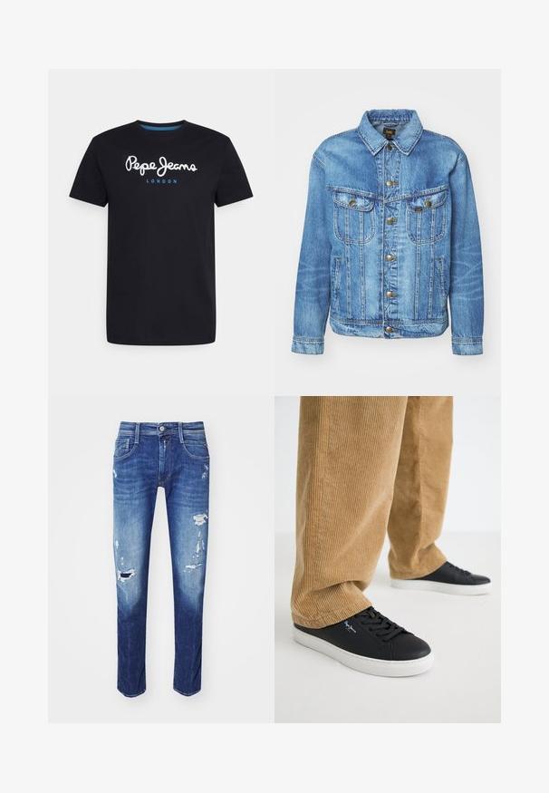Chaqueta de mezclilla azul claro con un diseño clásico, con cierre de botones, dos bolsillos en el pecho y cuello con solapa. Textura suave, estilo casual.; Camiseta negra de algodón con un logo de guion en blanco "Pepe Jeans" con un acento azul, cuello redondo y mangas cortas. Diseño simple y sólido.; Jeans de denim azul oscuro con detalles desgastados, diseño de cinco bolsillos y un ligero desvanecimiento. Corte recto con un dobladillo limpio.; Zapatillas de cuero negro con suelas de goma blanca. Llevadas con pantalones de pana en color beige, con acanaladuras verticales y un ajuste relajado.