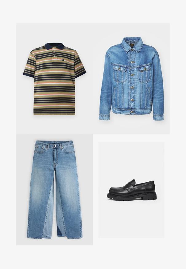 Lyseblå denimjakke med klassisk design, der har knaplukning, to brystlommer og en krave. Blød tekstur, afslappet stil.; Kortærmet polo shirt med marinefarvet krave, olivenfarvet bund og horisontale striber i marine, koral og lyseblå, med lille logo på brystet.; Straight-leg blå denimjeans med klassisk fem-lomme design og forreste knaplukning, vist fladt på en neutral baggrund.; Sort læderloafer med tyk rillede sål og penny-remdetalje, vist i højre sideprofil på hvid baggrund.