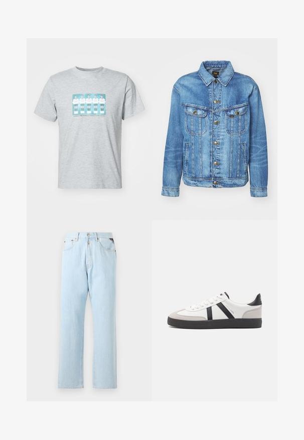 Veste en denim bleu clair au design classique, avec fermeture à boutons, deux poches poitrine et col classique. Texture douce, style décontracté.; T-shirt en coton gris avec un imprimé central représentant cinq footballeurs en maillots blancs avec des accents teal, col rond et manches courtes.; Jeans en denim bleu clair avec une coupe droite. Comprend une fermeture à bouton et à zip, cinq poches et des coutures contrastées.; Baskets blanches avec des accents noirs et gris, présentant un embout texturé gris, une semelle en caoutchouc noir et des lacets plats blancs. Design épuré, style minimaliste.