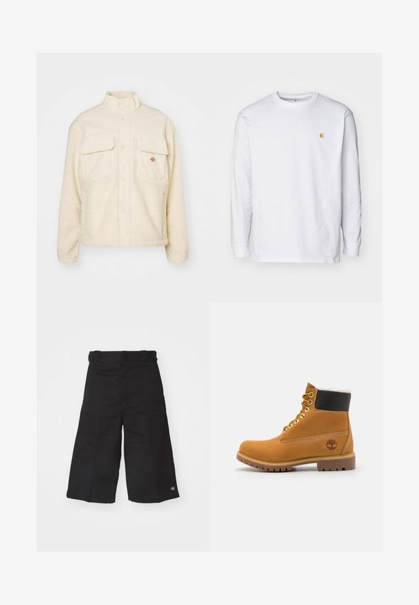 Chaqueta de forro polar color crema con parte superior de tejido liso y parte inferior de sherpa texturizada. Cuenta con dos bolsillos en el pecho y un cierre frontal a presión.; Camiseta de manga larga blanca de algodón. Cuenta con un pequeño logo dorado en el pecho y un cuello redondo. Diseño simple y corte estándar.; Pantalones cortos de pierna ancha en negro, hechos de un tejido duradero. Presentan una textura suave y un pequeño logo en el dobladillo. Cuatro trabillas en la cintura.; Botín de cuero marrón con ojales de metal, forro de piel sintética blanca, cuello acolchado negro, suela resistente y logotipo en relieve en el costado.