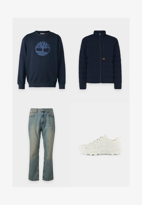 Marineblauwe lichtgewicht pufferjack met een hoge kraag, rits aan de voorkant en horizontaal gestikt ontwerp; voorzien van een borstzak en een logo-patch.; Timberland TREE LOGO CREW NECK - Sweater - dark sapphire; Vervaagde blauwe denim jeans met een rechte pijp, vijf zakken en een knoopsluiting. Heeft subtiele details met een lichtere wassing.; Witte sportieve schoen met een bovenwerk van mesh, een gestructureerde zool en opvallende panelen. Voorzien van metallic veters en een gevoerde kraag voor comfort.