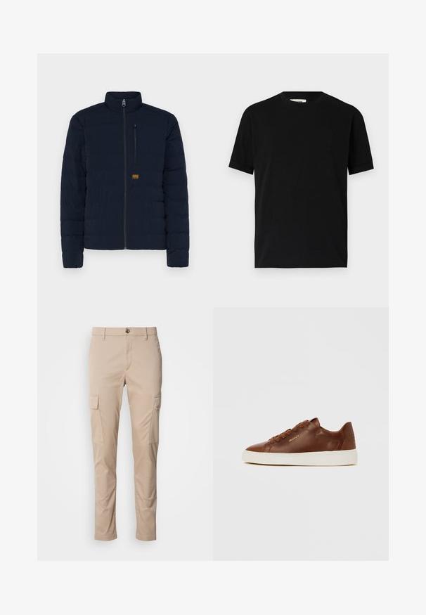 Marineblaue, leichte Steppjacke mit hohem Kragen, Reißverschluss vorne und horizontalem Steppmuster; verfügt über eine Brusttasche und ein Logopatch.; Schwarzes kurzärmliges T-Shirt aus Baumwolle mit Rundhalsausschnitt und lockerer Passform. Sanfte Textur, keine Muster oder sichtbaren Logos.; Beige Cargo-Hosen mit zwei seitlichen Taschen, slim fit, aus leichtem Stoff, mit einem Knopfverschluss vorne und Gürtelschlaufen.; Brauner Sneaker aus Leder im Low-Top-Stil mit Schnürung vorne, weißer Gummisohle und goldenem "GANT"-Logo an der Seite.