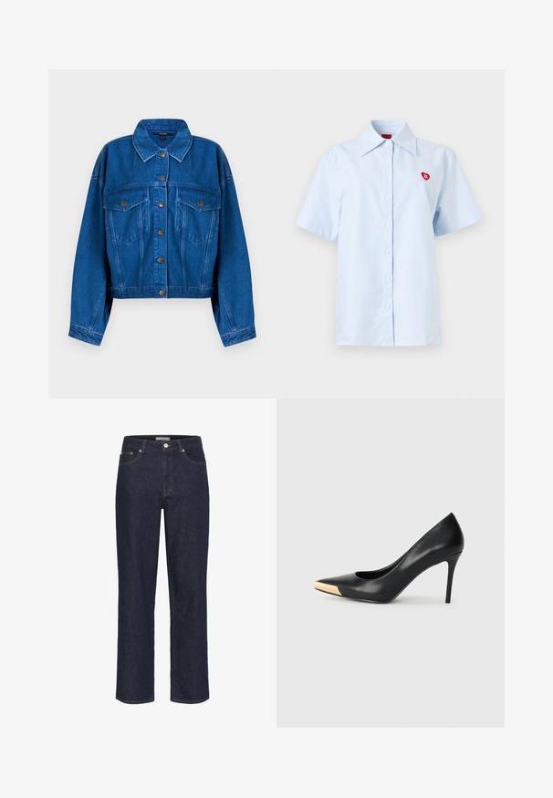 Veste en denim bleu à manches longues, fermeture boutonnée à l'avant, deux poches poitrine à rabat et col classique sur un fond uni.; Chemise à manches courtes à boutons, rayée bleu clair et blanc, avec un col pointu et un petit logo cœur rouge sur la poitrine.; Gestuz SUMMER WIDE - Wide Leg - unwashed denim; Pompe à talon haut en cuir noir avec bout pointu ; présente une accentuation métallique dorée sur le capuchon. Surface lisse avec un design épuré.