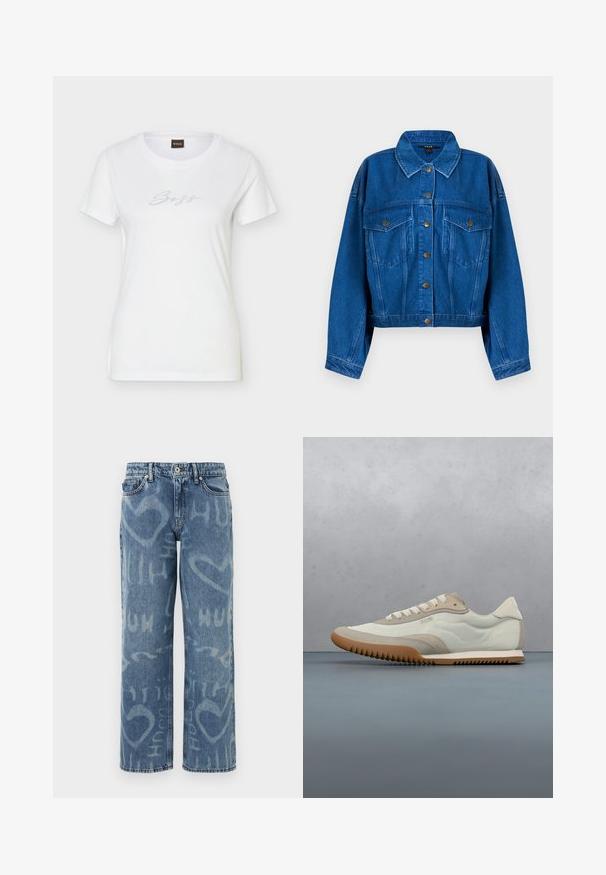 Veste en denim bleu à manches longues, fermeture boutonnée à l'avant, deux poches poitrine à rabat et col classique sur un fond uni.; T-shirt blanc ajusté à manches courtes avec encolure ronde et logo "Boss" en strass centré sur la poitrine.; Jean en denim bleu à jambes larges avec un effet délavé, motifs de cœurs blancs et textes, cinq poches et une fermeture à bouton standard.; Sneakers blancs et beiges avec une tige lisse et des accents en daim, une semelle texturée et des coutures ton sur ton. Fermeture à lacets avec détail de logo.