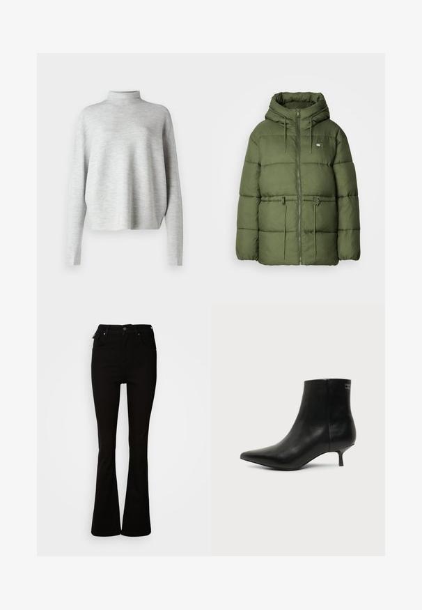 Olivengrøn pufferjakke med hætte, der har en frontlynlås, justerbare snore og et struktureret stof med vandret syninger.; Lys grå turtleneck sweater, lavet af blødt stof, med lange ærmer og en afslappet pasform, med en glat, fin struktur.; Sorte flare jeans lavet af denim, med høj talje, forlommer og et klassisk fem-lomme design med metalhardware detaljer.; Sort læder ankelstøvle med spids tå og lav kitten hæl på lys baggrund, der viser yderside.