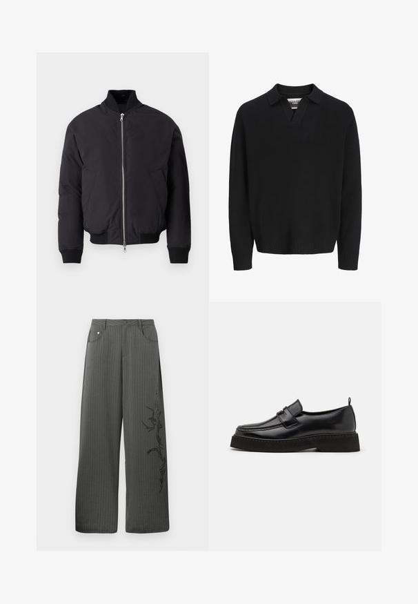 Sort bomberjakke med høj krave, lynlås fortil, to sidelommer, ribstrikkede manchetter og kant. Glat, mat finish på stoffet.; Sort strikket sweater med V-hals og krave. Har ribbede manchetter og søm. Glat tekstur, minimalistisk design.; Bredbenede, mørkegrå stofbukser med striber, som har forlommer og et sort dekorativt print på venstre side.; Sorte læder loafersko i stil med flad, tekstureret sål, med en syet tå og en rem over vristen.