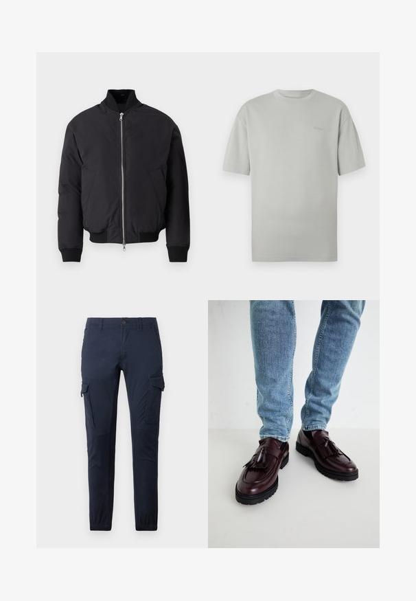 Sort bomberjakke med høj krave, lynlås fortil, to sidelommer, ribstrikkede manchetter og kant. Glat, mat finish på stoffet.; Lys grå kortærmet T-shirt med rund hals og diskret broderet logo på venstre bryst, liggende fladt på hvid baggrund.; Mørkeblå cargo-bukser lavet af slidstærkt stof, med flere lommer, en talje med en knap og elastiske manchetter ved anklerne.; Bordeaux læder loafers med kvaster og en tekstureret overdel, parret med lyseblå denimjeans. Sort gummisål synlig.