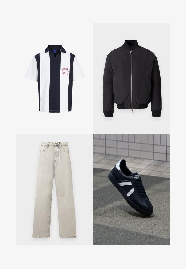 Veste bomber noire avec col haut, fermeture éclair sur le devant, deux poches latérales, poignets et ourlet côtelés. Tissu lisse à finition mate.; Polo à manches courtes avec de larges rayures verticales bleu marine et blanches, col bleu marine, et broderie de texte rouge sur la poitrine gauche.; Jean denim gris clair taille haute à jambes droites avec poches avant, passants pour ceinture, fermeture par bouton et zip.; Sneaker en cuir noir avec des rayures blanches, semelle en caoutchouc texturée et devant à lacets. Présente une étiquette de marque sur la languette.