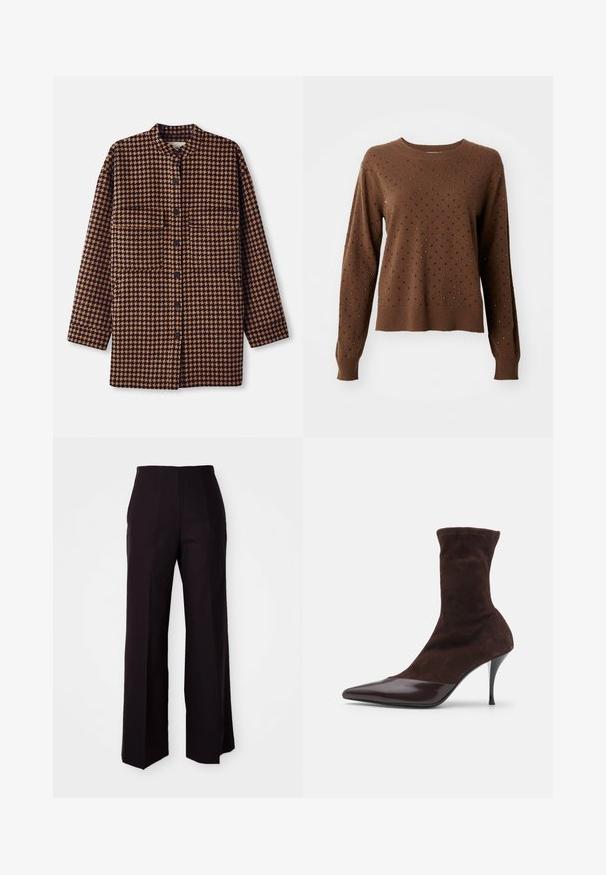 Brun og sort houndstooth-mønsteret skjortejakke med mandarin-krave, frontknaplukning og to brystlommer.; Brun langærmet sweater med små sorte og sølvfarvede nitter, der er jævnt fordelt over forsiden og ærmerne.; Sorte vide benbukser med høj talje, der har en glat tekstur og subtile frontfolder, skræddersyet til en struktureret pasform.; Brune ruskinds ankelstøvle med spids tå og blank bordeauxlakeret tåhætte, der har en slank stilettohæl og tekstureret overdel.
