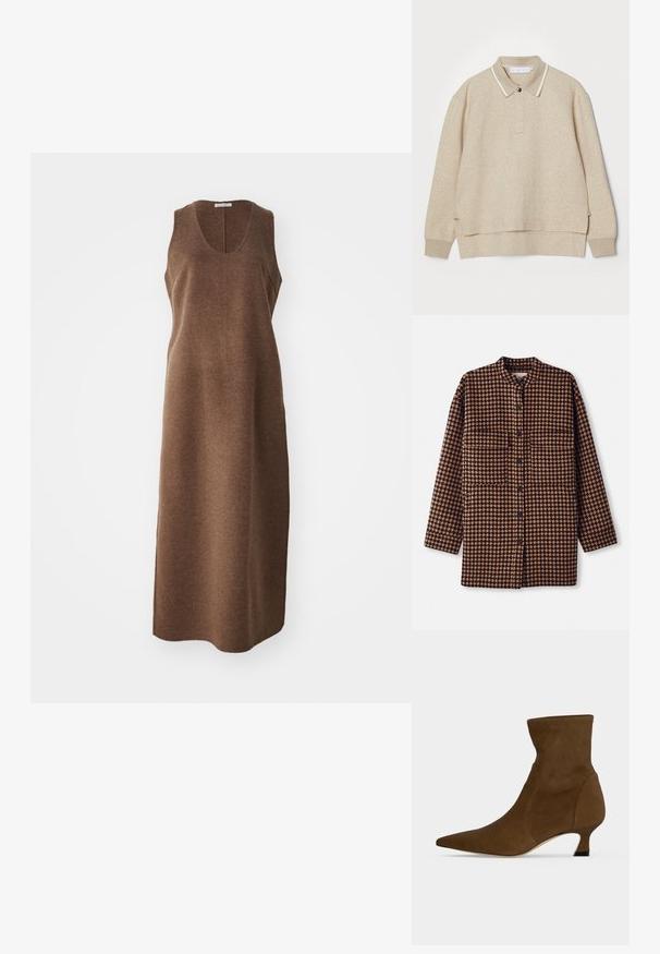 Brun og sort houndstooth-mønsteret skjortejakke med mandarin-krave, frontknaplukning og to brystlommer.; Beige polo sweatshirt med krave og knaplukning. Blød tekstur, sideslids og kontrasterende hvidt kantbånd omkring kraven.; Ærmeløs, knælængde brun uldkjole med rund udskæring og en lige, let tætsiddende silhuet.; Brun ankelstøvle med spids tå og lav kitten hæl, lavet af glat materiale, vist mod en ensfarvet baggrund.