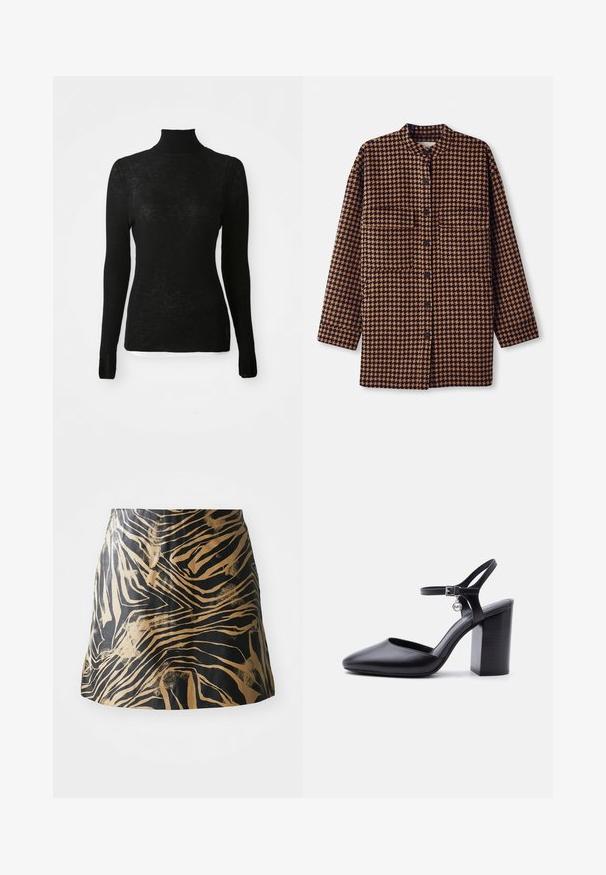 Veste chemise à motif pied-de-poule brun et noir avec un col mandarin, fermeture à boutons sur le devant et deux poches poitrine.; Pull en maille côtelée noir à manches longues, col roulé, coupe ajustée et texture subtile sur fond blanc.; Jupe noire et dorée présentant un motif zébré, fabriquée en matériau lisse avec une coupe ajustée et un design taille haute.; Chaussure à talon haut en cuir noir avec bout pointu, talon bloc, bride à la cheville, boucle, et petit pendentif rond en métal avec logo sur fond blanc uni.