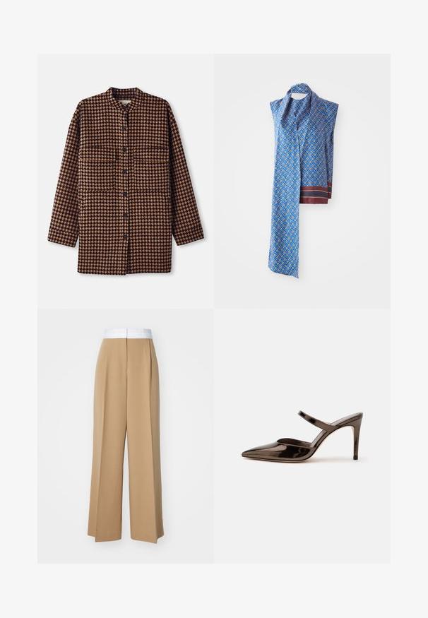 Bruine en zwarte houndstooth-gepatroneerde shirtjas met een mandarin-kraag, gesloten met knopen aan de voorkant en twee borstzakken.; Zijden sjaal met een blauw diamantpatroon met gele accenten, een kastanjebruine rand en een glanzende textuur. Meet ongeveer 150 cm.; Brede broek van lichtbruin stof met een contrasterende witte tailleband. Kenmerkt zich door strakke lijnen en geen zichtbare patronen of versieringen.; G glanzende donkerbruine mule met spitsen neus en hoge hak met een smalle band over de wreef op een effen witte achtergrond.