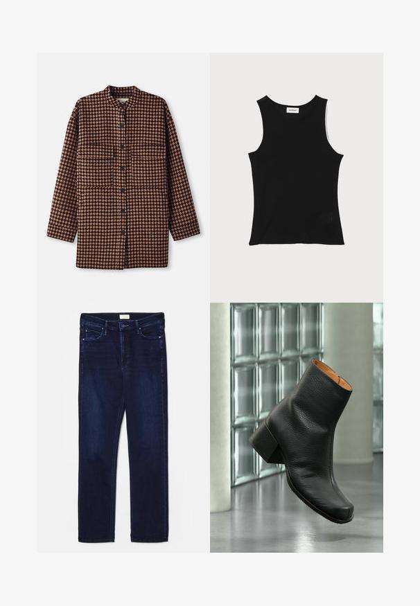 Brun og sort houndstooth-mønsteret skjortejakke med mandarin-krave, frontknaplukning og to brystlommer.; Sort ribbet tanktop med rund halsudskæring og brede skulderstropper, med en subtil struktureret finish og en lille mesh-detalje ved kanten.; Mørkeblå denimjeans med slim fit, fem-lomme design, stikninger og lige benudskæring. Har en knap- og lynlås lukning.; Sort struktureret læderankelstøvle med blokhæle, vist indendørs på en reflekterende gulv med glasblokbaggrund.