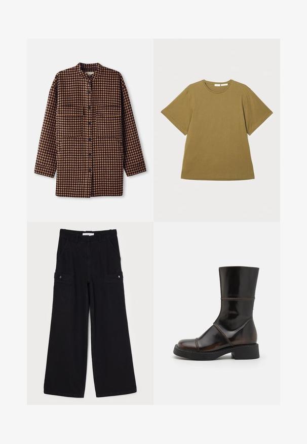 Veste chemise à motif pied-de-poule brun et noir avec un col mandarin, fermeture à boutons sur le devant et deux poches poitrine.; T-shirt vert olive à manches courtes en tissu doux, avec un col rond et une coupe décontractée, présenté sur un fond blanc.; Pantalons cargo larges noirs en tissu doux avec poches avant, poches cargo latérales et grandes passants de ceinture. Fini texturé.; MIISTA DAHLIA - Bottes à plateau - brown