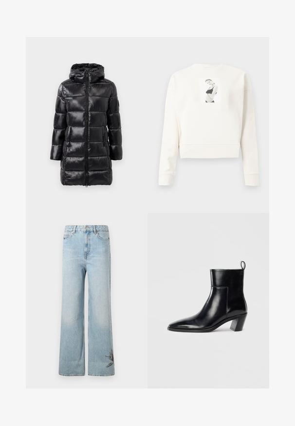 Sort pufferjakke med hætte, der har en glansfuld finish, vandret quiltede sektioner, frontlynlås og to sidelommer.; Hvid langærmet cropped sweatshirt med et sort-hvidt trykt billede af en kvinde i sort undertøj på midten foran.; Lysblå vide jeans lavet af denim, med en falmet tekstur og blomsterbroderi detalje på den nederste venstre ben.; Sort læder ankelstøvle med spids tå, geometrisk stablet hæl og en løftestrop bagpå. Glat tekstur og slankt design.