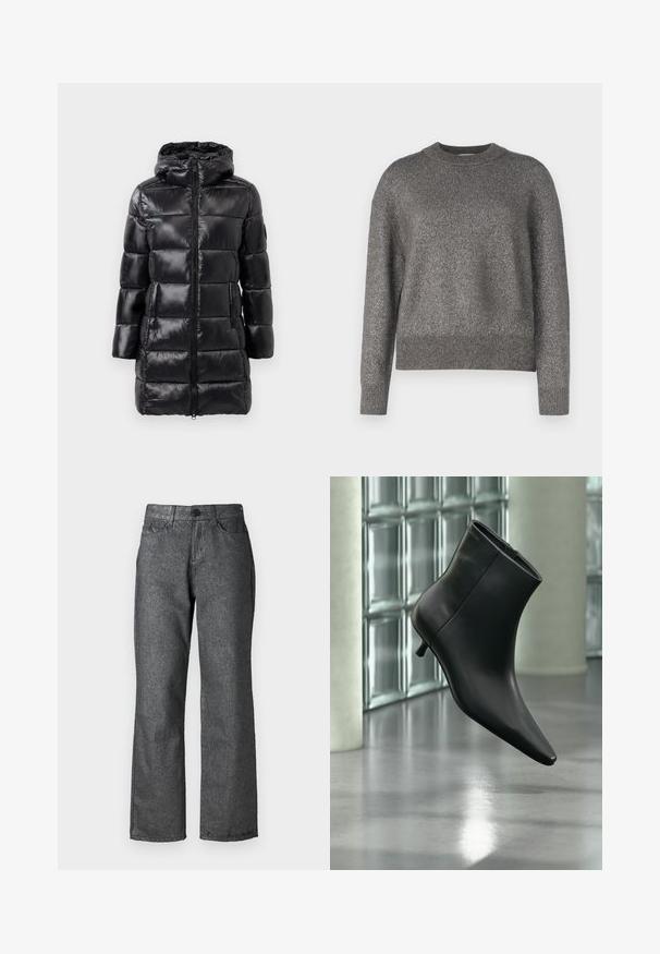 Schwarze Daunenjacke mit Kapuze, glänzender Oberfläche, horizontalen Steppnähten, Frontreißverschluss und zwei Seitentaschen.; Grauer Pullover mit reflektierender Strickstruktur, Rundhalsausschnitt und gerippten Bündchen sowie Saum; leicht lockere Passform und lange Ärmel.; Graue Jeans aus Denim mit einem leichten Schimmer, gerades Bein, fünf Taschen, Knopfverschluss und sichtbaren Nähdetails.; Schwarzer Leder-Stiefelette mit spitzer Zehenpartie und niedrigem Kitten-Heel, schräg dargestellt vor einem polierten Boden und einer Glasbausteinwand.