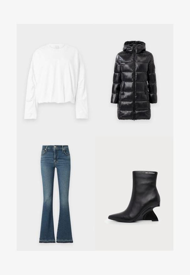 Zwarte pufferjas met een hoodie, met een glanzende afwerking, horizontale gestikte secties, een ritssluiting aan de voorkant en twee zijzakken.; Witte, langslijf cropped sweatshirt met een ronde hals en zachte katoenen stof. Bevat lichte plooien bij de taille en een gladde textuur.; Uitlopende jeans in middelblauwe denim met hoge taille, subtiele wassing, vijf-pocket ontwerp en zichtbare stikseldetails.; Zwarte leren enkellaars met gebogen gesculpteerde hak en Karl Lagerfeld-logo nabij de bovenrand op een witte achtergrond.