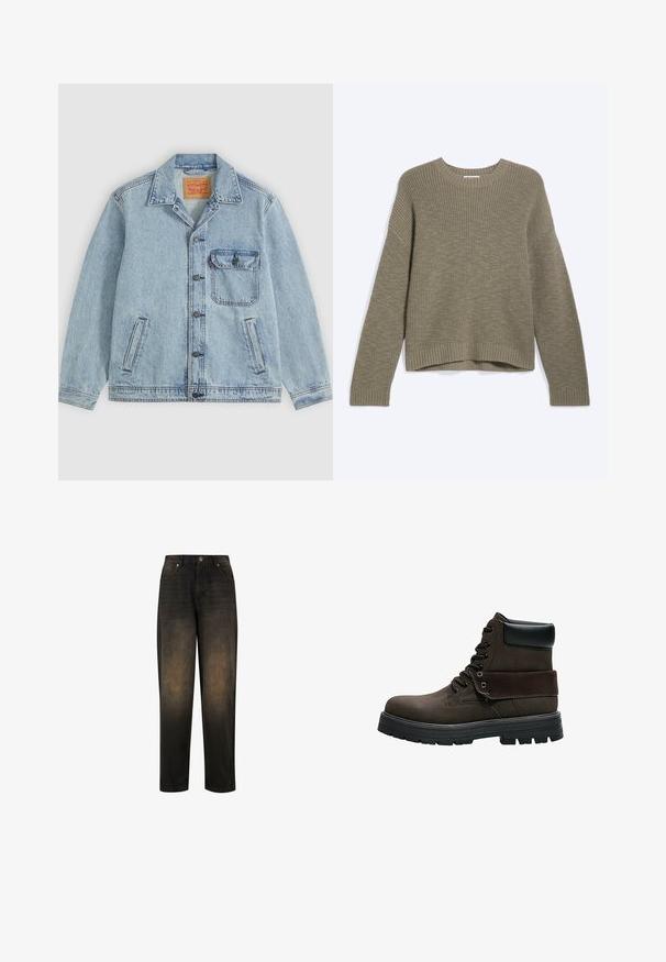 Lyseblå denimjakke med knaplukning foran, spids krave, en brystlomme med klap og to sidelommer. Synligt Levi's mærke inde i kraven.; Olivengrøn strikket sweater med lange ærmer, rund hals og ribstrikkede ærmekanter og bund på en ensfarvet hvid baggrund.; Mørk denim jeans med en let falmet finish, der har lige ben, fem lomme-design og metalknap lukning.; Mørkebrun snørestøvle til anklen med sort polstret krave, tyk sort gummisål og foldet manchet-detalje.