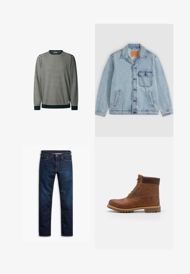 Hellblaue Denimjacke mit Knopfleiste vorne, spitzem Kragen, einer Brusttasche mit Klappe und zwei Seitentaschen. Sichtbares Levi’s-Label innen am Kragen.; Gestreifter Langarm-Pullover in Creme und Marineblau, Rundhalsausschnitt, mit horizontalen Linien, gerippten Bündchen und Saum, weicher Textur.; Dunkelblaue Jeans aus Denim mit geradem Bein, ausgestattet mit oranger Stickerei, fünf Taschen und einem knöpfbaren Bund.; Braune Lederwanderschuhe mit glatter Oberfläche, gepolstertem Knöchel, Metallösen und einer Gummisohle mit robustem Profil.