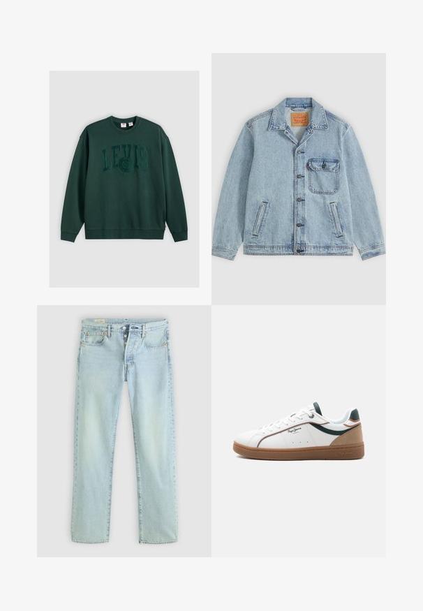 Veste en jean bleu clair avec fermeture à boutons devant, col pointu, une poche poitrine avec rabat et deux poches latérales. Étiquette Levi's visible à l'intérieur du col.; Sweatshirt vert foncé en coton, avec un grand logo en relief "LEVI'S" centré sur le devant, et des poignets et un ourlet côtelés.; Jeans en denim bleu clair avec une coupe droite, cinq poches, braguette à boutons et décoloration subtile. Présente des détails de couture et des rivets en cuivre.; Baskets basses blanches avec semelle marron, accents verts et beige, lacets blancs, et logo "Pepe Jeans London" sur le côté.