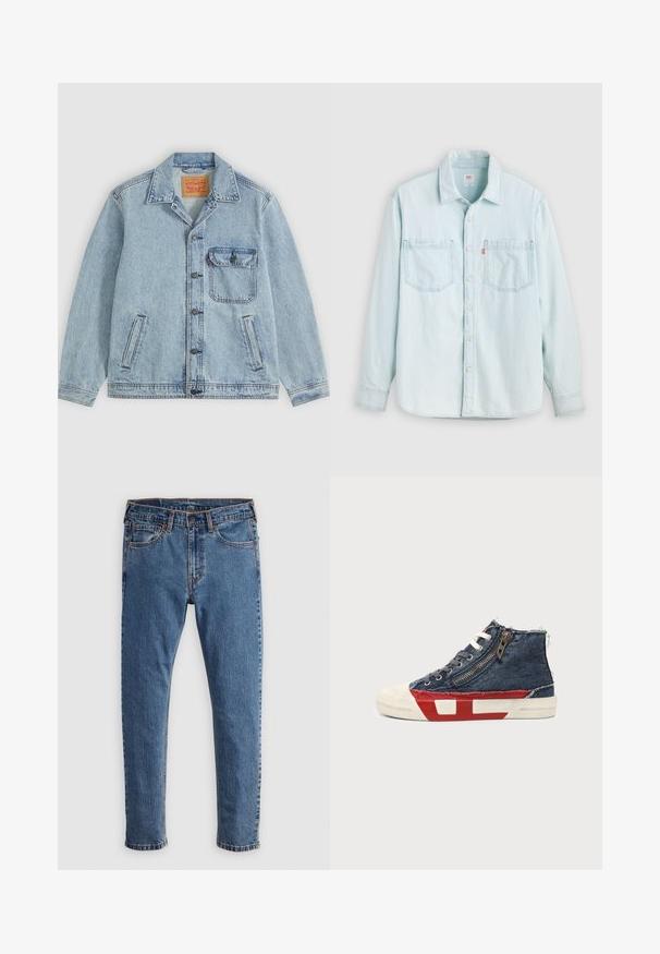 Lichtblauw spijkerjack met knopen aan de voorkant, puntige kraag, één borstzak met klep en twee zijzakken. Zichtbaar Levi's-label aan de binnenkant van de kraag.; Lichtblauw denim overhemd met lange mouwen, knopen aan de voorkant, twee borstzakken en een kraag, afgebeeld tegen een effen lichte achtergrond.; Blauwe denim jeans met een rechte snit, vijf zakken, oranje stiksels en een klassieke knoop- en ritssluiting. Versleten textuur langs de benen.; High-top sneaker met blauwe denimstof, witte veters, zijrits en rood-wit zoolontwerp op een effen achtergrond.