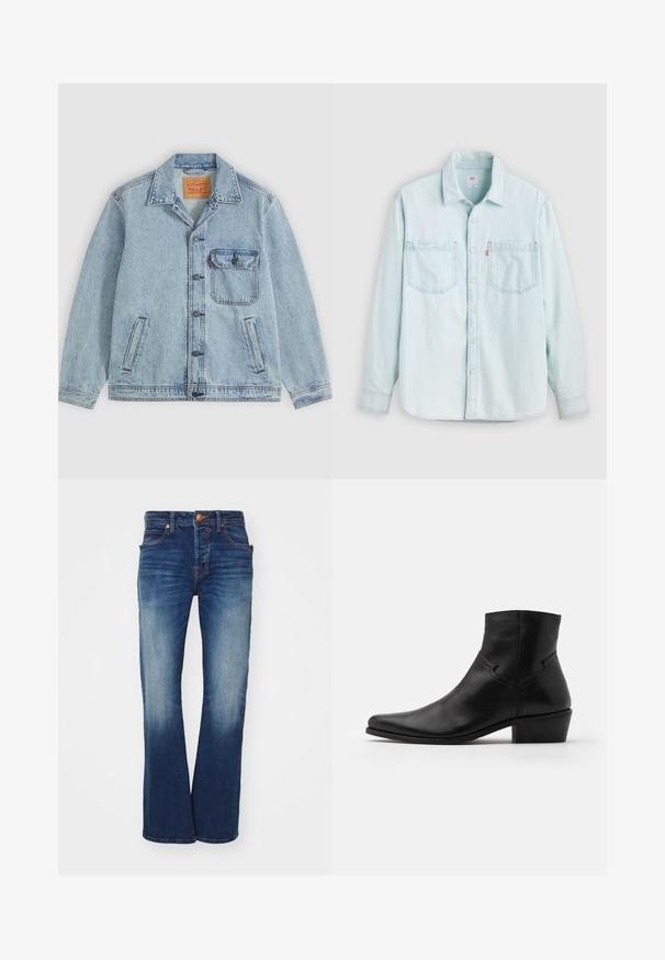 Veste en jean bleu clair avec fermeture à boutons devant, col pointu, une poche poitrine avec rabat et deux poches latérales. Étiquette Levi's visible à l'intérieur du col.; Chemise en jean bleu clair à manches longues avec boutons sur le devant, deux poches poitrine et un col, présentée sur un fond clair uni.; Jean en denim bleu avec une coupe évasée, cinq poches et une fermeture à bouton en laiton. Présente un léger délavage et des coutures contrastées.; Bottine en cuir noir à bout pointu, avec des détails de couture minimalistes, un talon carré de hauteur intermédiaire et une finition lisse et brillante.