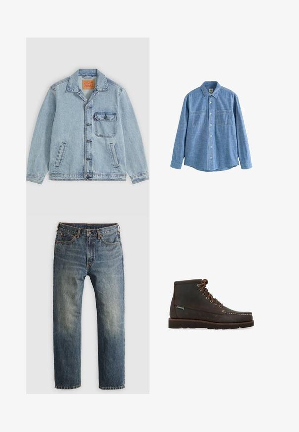 Lichtblauw spijkerjack met knopen aan de voorkant, puntige kraag, één borstzak met klep en twee zijzakken. Zichtbaar Levi's-label aan de binnenkant van de kraag.; Blauw chambray overhemd met lange mouwen, knoopsluiting aan de voorkant en twee borstzakken, plat gelegd op een witte achtergrond.; Blauwe verwaste rechte denim jeans met voorzakken, riemlussen, knoop en ritsopening op een lichte achtergrond.; Sebago Veterboots - marrone