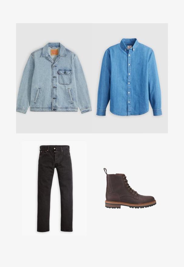 Hellblaue Denimjacke mit Knopfleiste vorne, spitzem Kragen, einer Brusttasche mit Klappe und zwei Seitentaschen. Sichtbares Levi’s-Label innen am Kragen.; Hellblaues Jeanshemd mit langen Ärmeln, button-down Kragen und weißen Knöpfen. Verfügt über ein kleines besticktes Logo auf der Brust.; Schwarze Slim-Fit-Jeans mit Knopfverschluss, fünf Taschen und kupferfarbenen Nieten flach auf einem weißen Hintergrund ausgelegt.; Braune Leder-Stiefeletten mit Schnürung, strukturierter Oberfläche, kontrastierenden beigen Sohlen und Metallösen. Verfügen über eine Lasche zum einfachen An- und Ausziehen.