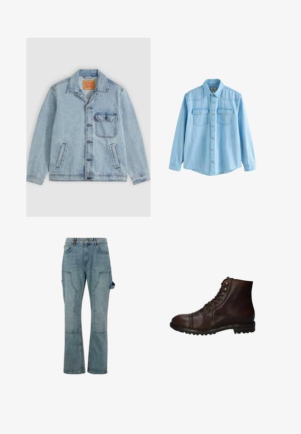 Cazadora vaquera azul claro con botones en la parte delantera, cuello puntiagudo, un bolsillo en el pecho con solapa y dos bolsillos laterales. Etiqueta Levi's visible en el interior del cuello.; Camisa de mezclilla azul claro de manga larga con botones en la parte frontal y dos bolsillos en el pecho con solapas abotonadas.; Pantalones cargo de mezclilla azul claro con un diseño de pierna recta, que cuentan con múltiples bolsillos y un cierre de botón en la cintura.; Bota de tobillo de cuero marrón oscuro con cordones, suela de goma resistente y ojales de metal, vista desde el lado exterior.