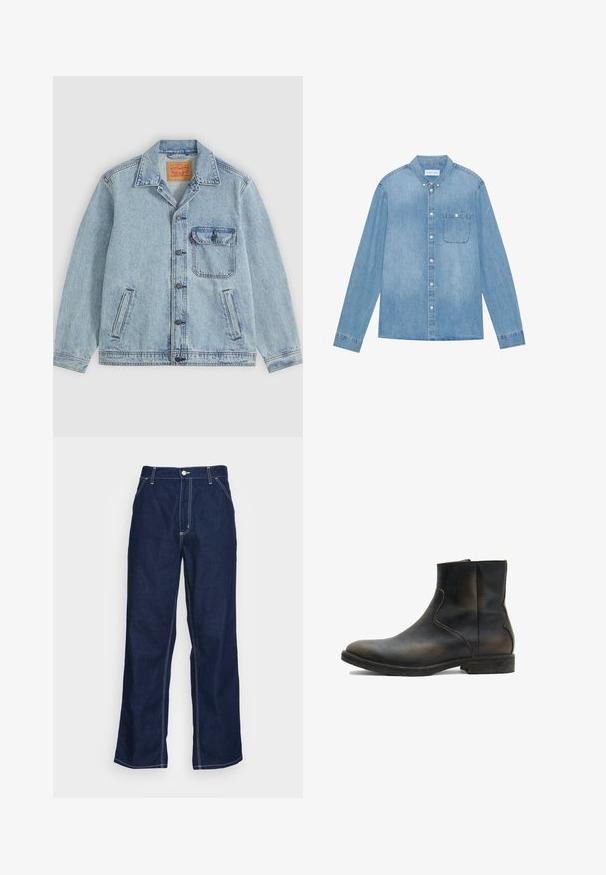 Lichtblauw spijkerjack met knopen aan de voorkant, puntige kraag, één borstzak met klep en twee zijzakken. Zichtbaar Levi's-label aan de binnenkant van de kraag.; Lichtblauw denim overhemd met knopen, lange mouwen, spitse kraag, één borstzak en subtiele vervaging op de stof.; Donkerblauwe denim broeken met wijde pijpen, met een hoge taille, voorzakken en contrasterende witte stiksels langs de naden.; AllSaints LANG - Lage laarzen - brown