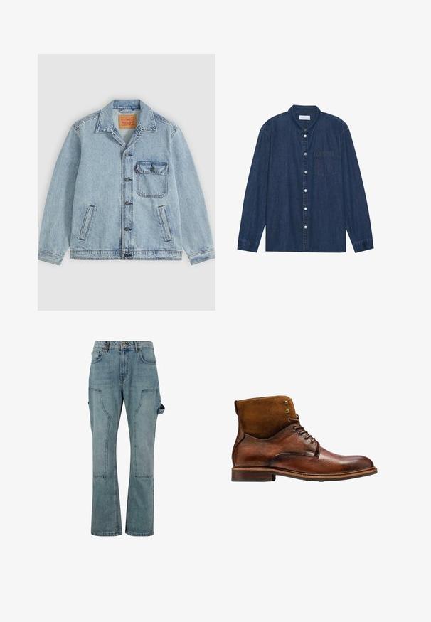 Lyseblå denimjakke med knaplukning foran, spids krave, en brystlomme med klap og to sidelommer. Synligt Levi's mærke inde i kraven.; Mørkeblå denimskjorte med lange ærmer, knaplukning foran, krave og en brystlomme. Har sølvfarvede knapdetaljer.; Lyseblå denim cargo bukser med lige ben-design, der har flere lommer og en knaplukning i taljen.; Kazar ALID - Snørestøvletter - brown