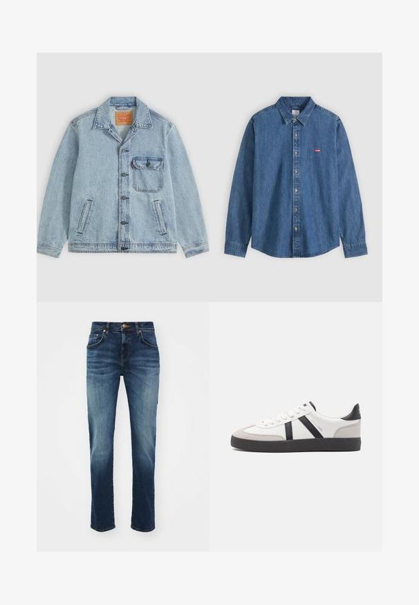 Veste en jean bleu clair avec fermeture à boutons devant, col pointu, une poche poitrine avec rabat et deux poches latérales. Étiquette Levi's visible à l'intérieur du col.; Chemise en jean bleu à manches longues avec col et boutons beige, avec un petit logo rouge Levi's sur la poitrine gauche.; Jean en denim bleu foncé avec une légère décoloration, design à cinq poches, fermeture à boutons, coupe droite, et ourlet renforcé.; Baskets blanches avec des accents noirs et gris, présentant un embout texturé gris, une semelle en caoutchouc noir et des lacets plats blancs. Design épuré, style minimaliste.