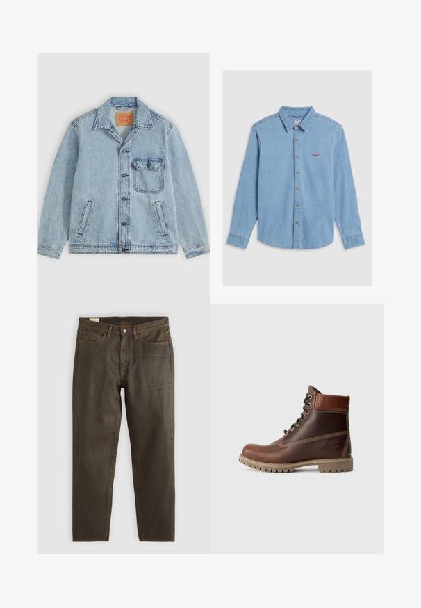 Hellblaue Denimjacke mit Knopfleiste vorne, spitzem Kragen, einer Brusttasche mit Klappe und zwei Seitentaschen. Sichtbares Levi’s-Label innen am Kragen.; Hellblaues Denim-Shirt mit langen Ärmeln, Knopfleiste und spitzem Kragen. Verfügt über braune Knöpfe und ein kleines rotes Logo-Patch.; Dunkelgrüne Denim-Jeans mit geradem Schnitt, ausgestattet mit kupferfarbenen Nähten, einem klassischen Fünf-Taschen-Design und einem Knopfverschluss.; Braune Leder-Schnürstiefelette mit gepolsterter Knöchelpartie, kontrastierenden Nähten und robustem Sohlendesign, von der Außenseite auf einem weißen Hintergrund gezeigt.