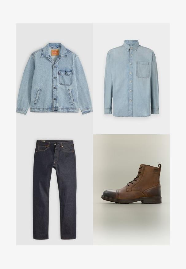 Lyseblå denimjakke med knaplukning foran, spids krave, en brystlomme med klap og to sidelommer. Synligt Levi's mærke inde i kraven.; Lyseblå denimskjorte med lange ærmer, knaplukning foran og en enkelt brystlomme. Har en klassisk krave og standard manchetter.; Mørkeblå denimjeans med lige ben, prydet med orange syninger og klassisk fem-lomme design. Lukning med knap og lynlås.; Brun læderstøvle med snørebånd, sort tåhætte, rund sål og mærket detalje på siden mod ensfarvet baggrund.