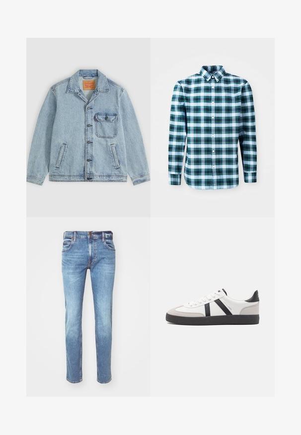Veste en jean bleu clair avec fermeture à boutons devant, col pointu, une poche poitrine avec rabat et deux poches latérales. Étiquette Levi's visible à l'intérieur du col.; Chemise à manches longues à carreaux verts et blancs avec un col boutonné et des boutons à l'avant. Fabriquée en tissu léger, présentant un design structuré.; Jean en denim bleu clair avec une coupe droite, design à cinq poches et coutures contrastantes, présentant une finition délavée et une coupe classique.; Baskets blanches avec des accents noirs et gris, présentant un embout texturé gris, une semelle en caoutchouc noir et des lacets plats blancs. Design épuré, style minimaliste.