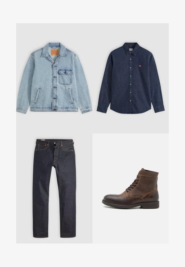 Veste en jean bleu clair avec fermeture à boutons devant, col pointu, une poche poitrine avec rabat et deux poches latérales. Étiquette Levi's visible à l'intérieur du col.; Chemise en denim bleu foncé à manches longues, boutonnée, avec col pointu et petit logo rouge Levi's sur la poitrine gauche.; Jean en denim bleu foncé à coupe droite, avec des coutures orange et un style classique à cinq poches. Fermeture par bouton et braguette à glissière.; Jack & Jones JFWDELANEY BOOT - Bottines à lacets - cognac