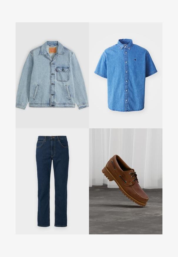 Veste en jean bleu clair avec fermeture à boutons devant, col pointu, une poche poitrine avec rabat et deux poches latérales. Étiquette Levi's visible à l'intérieur du col.; Chemise en denim à manches courtes de couleur bleu clair avec un col boutonné, comportant un logo sur la poitrine et des détails de couture visibles.; Jean en denim bleu foncé avec une coupe droite, design classique à cinq poches, couture visible de couleur contrastante et fermeture à bouton.; Chaussure de bateau en cuir marron avec des lacets noirs, des coutures beiges et une semelle robuste, suspendue au-dessus d'un sol en béton gris.