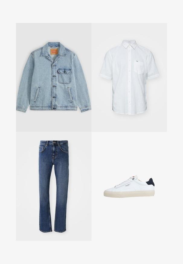 Hellblaue Denimjacke mit Knopfleiste vorne, spitzem Kragen, einer Brusttasche mit Klappe und zwei Seitentaschen. Sichtbares Levi’s-Label innen am Kragen.; Weißes Kurzarmhemd aus Leinen mit Button-Down-Kragen, Brusttasche und dezenten Stichakzenten.; Helle blaue Denim-Jeans im Straight-Leg-Design, im Fünf-Taschen-Stil, mit Metallknopfverschluss. Mit dezenter Naht und glatter Textur.; Weißer Sneaker in niedriger Schnittform mit beiger Sohle, weißen Schnürsenkeln, schwarzem Fersenlasche und dem "Pepe Jeans London"-Logo an der Seite.
