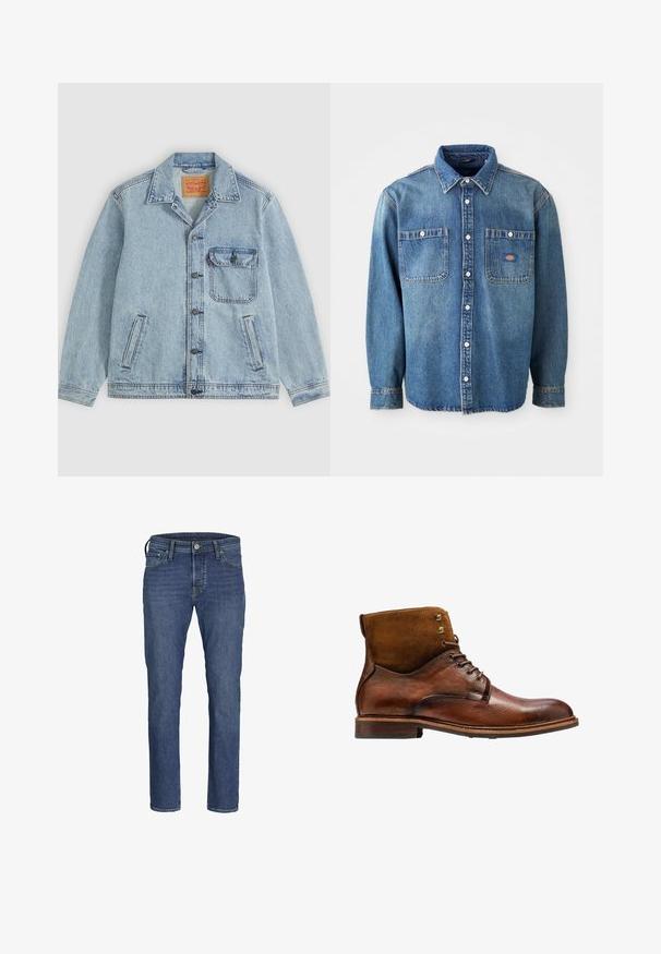 Lyseblå denimjakke med knaplukning foran, spids krave, en brystlomme med klap og to sidelommer. Synligt Levi's mærke inde i kraven.; Denimskjorte i mellemblå, med spidse kraver, to brystlommer og sølvknapper. Lange ærmer med knapmanchetter.; Herre blå denim jeans med lige ben-design, fem lommers styling og klassisk knap- og lynlåslukning.; Kazar ALID - Snørestøvletter - brown