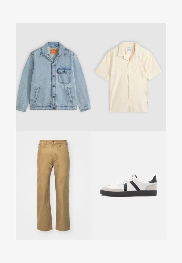Lichtblauw spijkerjack met knopen aan de voorkant, puntige kraag, één borstzak met klep en twee zijzakken. Zichtbaar Levi's-label aan de binnenkant van de kraag.; Kortärmelig overhemd in crèmekleur met knopen en subtiele bloemrijke borduursels aan de voorkant, met een kampkraag, plat gelegd op een grijze achtergrond.; Khaki broek van katoen. Rechte pasvorm met een tailleband en voorzakken. Heeft een enkele achterzak en subtiele stikdetails.; Witte sneaker met zwarte en grijze accenten, voorzien van een grijze neus met textuur, zwarte rubberen zool en platte witte veters. Schoon ontwerp, minimalistische stijl.
