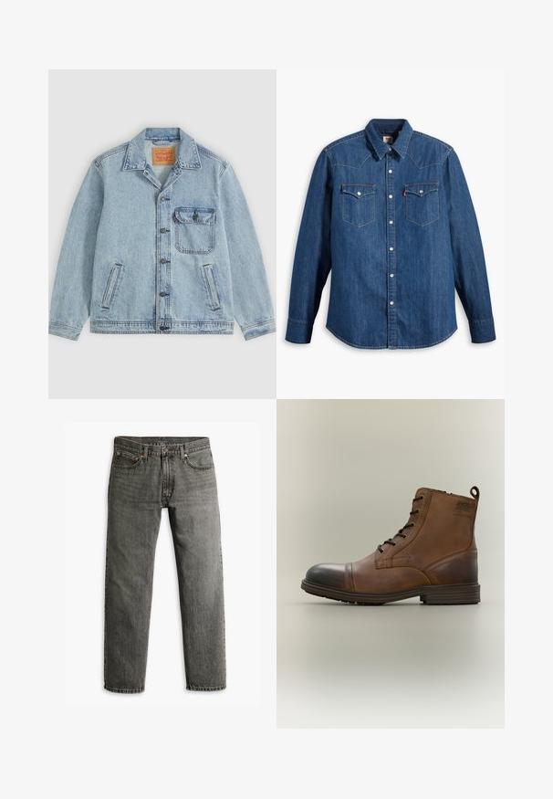 Lichtblauw spijkerjack met knopen aan de voorkant, puntige kraag, één borstzak met klep en twee zijzakken. Zichtbaar Levi's-label aan de binnenkant van de kraag.; Denim overhemd in donkerblauw met lange mouwen, puntige kraag en drukknoopsluiting. Bevat twee borstzakken met kleppen en contrasterende stiksels.; Grijze denim jeans met een recht model, klassieke vijf-pocket styling en subtiele stiksels op de naden en zakken.; Bruine leren enkellaars met veters, zwarte neuskap, ronde zool en merkdetail aan de zijkant tegen een effen achtergrond.