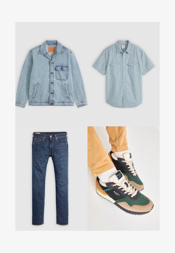 Hellblaue Denimjacke mit Knopfleiste vorne, spitzem Kragen, einer Brusttasche mit Klappe und zwei Seitentaschen. Sichtbares Levi’s-Label innen am Kragen.; Kurzärmeliges Hemd in Hellblau mit weißen Streifen, ausgestattet mit einem traditionellen Kragen, zwei Brusttaschen und Knopfverschluss. Aus Baumwollmaterial.; Dunkelblaue Denim-Jeans mit geradem Bein. Merkmale sind Vordertaschen, ein Metallknopfverschluss und kontrastierende gelbe Nähte.; Grüne und schwarze Sneakers aus Wildleder und Mesh-Materialien, mit cremefarbenen Schnürsenkeln, mehrfarbigen Akzenten und einer strukturierten Sohle. Logo von Pepe Jeans sichtbar.