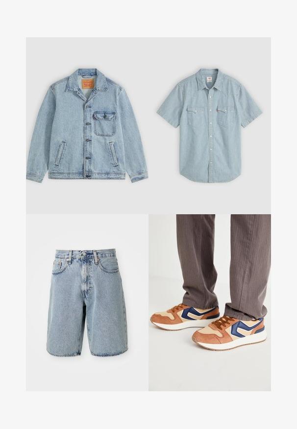 Lichtblauw spijkerjack met knopen aan de voorkant, puntige kraag, één borstzak met klep en twee zijzakken. Zichtbaar Levi's-label aan de binnenkant van de kraag.; Korte mouwen shirt in lichtblauw met witte strepen, voorzien van een traditionele kraag, twee borstzakken en knoopsluiting. Gemaakt van katoen.; Lichtblauwe denim shorts met een hoge taille, rechte pasvorm, rafelige zoom, vijf zakken en knoopsluiting. Versleten textuur zichtbaar.; Sneakers met een mix van tan suede en crèmekleurig synthetisch materiaal, met een blauwe accent en een getextureerde zool; bruine veters; gedragen met grijs gestreepte broek.