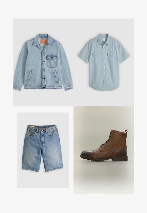 Veste en jean bleu clair avec fermeture à boutons devant, col pointu, une poche poitrine avec rabat et deux poches latérales. Étiquette Levi's visible à l'intérieur du col.; Chemise à manches courtes bleu clair à rayures blanches, dotée d'un col traditionnel, de deux poches poitrine et d'une fermeture à boutons. Matière coton.; Shorts en denim bleu clair avec une coupe classique. Comprend cinq poches, des coutures orange et des ourlets à bord brut.; Botte cheville en cuir marron à lacets avec bout noir, semelle ronde et détail de marque sur le côté sur fond uni.