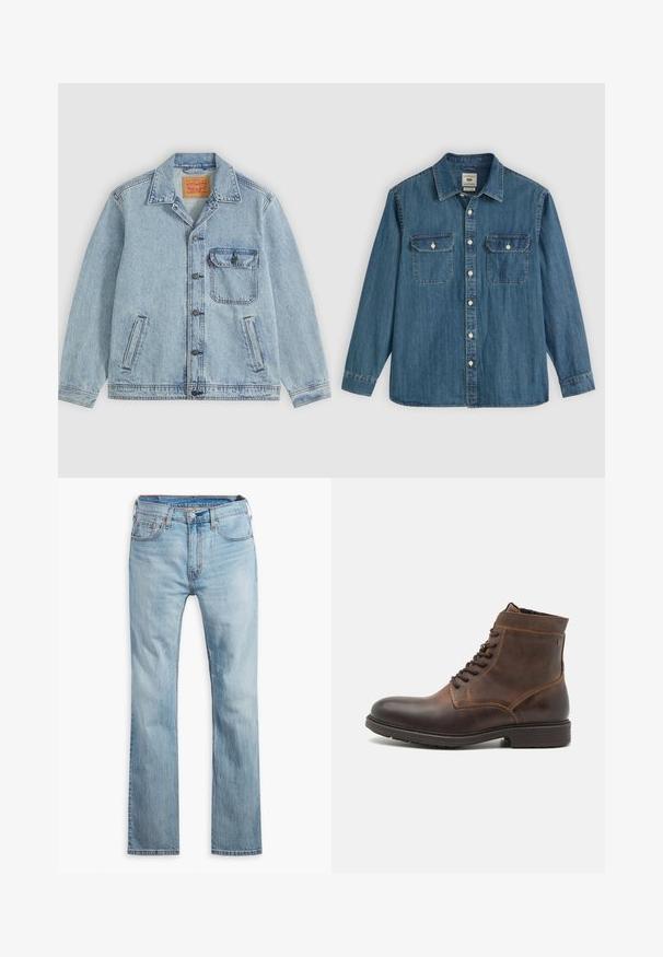 Hellblaue Denimjacke mit Knopfleiste vorne, spitzem Kragen, einer Brusttasche mit Klappe und zwei Seitentaschen. Sichtbares Levi’s-Label innen am Kragen.; Blaues Denimhemd mit langen Ärmeln, durchgeknöpft, zwei Brusttaschen und einem Kragen. Verfügt über Ziernähte und eine lockere Passform.; Hellblaue Jeans aus Denim, mit geradem Bein, fünf Taschen, kontrastierenden Nähten und einem Knopfverschluss am Bund.; Jack & Jones JFWDELANEY BOOT - Schnürstiefelette - cognac