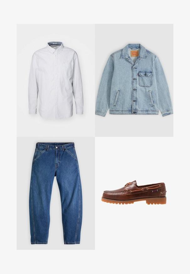 Veste en jean bleu clair avec fermeture à boutons devant, col pointu, une poche poitrine avec rabat et deux poches latérales. Étiquette Levi's visible à l'intérieur du col.; Chemise à manches longues à boutons de couleur bleu clair avec des rayures blanches. Elle dispose d'un col, d'une poche poitrine et est en coton lisse.; Jean en denim bleu à coupe décontractée, doté d'une fermeture à boutons, de cinq poches et de surpiqûres orange contrastantes. Texture lisse sur toute la surface.; Chaussure bateau en cuir marron avec semelle en caoutchouc, trous de lacets, et une tige cousue, présentant un motif texturé en relief sur le bout.
