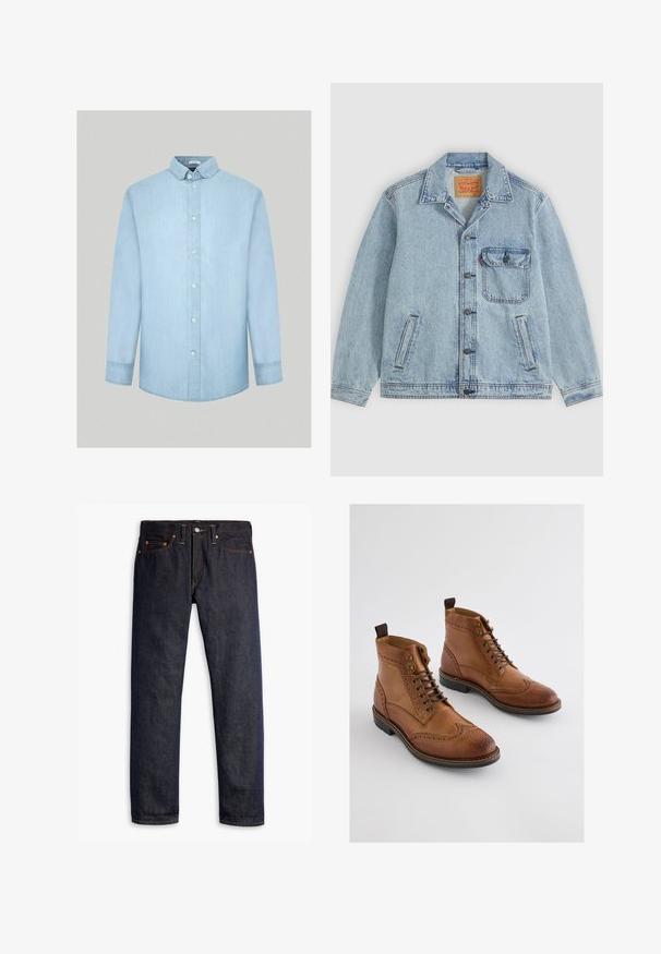 Hellblaue Denimjacke mit Knopfleiste vorne, spitzem Kragen, einer Brusttasche mit Klappe und zwei Seitentaschen. Sichtbares Levi’s-Label innen am Kragen.; Helle blaue Jeanshemd mit langen Ärmeln, knöpfbarem Kragen, vorderen Knöpfen und einer glatten, gleichmäßigen Textur. Keine Muster oder zusätzlichen Akzente.; Dunkelblaue Jeans aus Denim mit geradem Schnitt, fünf Taschen-Design, kupfernen Nieten, gelben Nähten und einem ausgeprägten strukturierten Stoff.; Braune Leder-Ankle-Boots mit Brogue-Details, ausgestattet mit Schnürverschluss, Metallösen und einer kontrastierenden schwarzen Gummisohle.