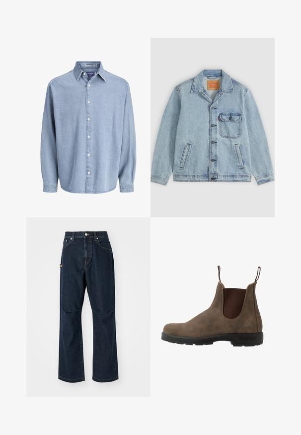 Lyseblå denimjakke med knaplukning foran, spids krave, en brystlomme med klap og to sidelommer. Synligt Levi's mærke inde i kraven.; Lysblå denim skjorte med lange ærmer og knapper, med krave og hvide knapper, præsenteret mod en helt hvid baggrund.; Mørkeblå denim jeans med lige ben, frontlommer og en sidelomme. Har stiklinger i kontrastfarve og en knap i taljen.; Brune læder chelsea-støvle med elastiske sidepanelen, trækflapper og en sort gummisål med et struktureret slidbane for bedre greb.