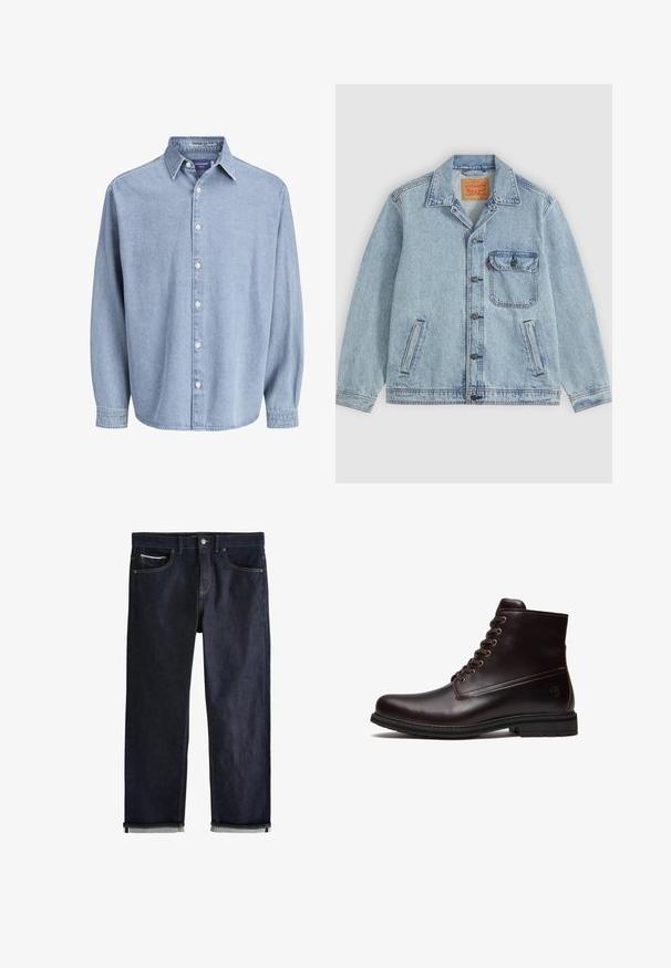 Lichtblauw spijkerjack met knopen aan de voorkant, puntige kraag, één borstzak met klep en twee zijzakken. Zichtbaar Levi's-label aan de binnenkant van de kraag.; Lichtblauwe denim lange mouw knoophemd met kraag en witte knopen, weergegeven tegen een effen witte achtergrond.; Donkerblauwe spijkerbroek met een klassieke rechte pasvorm, voorzien van vijf zakken, een knoopsluiting en opgerolde boorden met een lichtblauwe voering.; Donkerbruine leren veter enkellaars met rubberen zool en subtiel reliëflogo nabij de hak, getoond vanaf de buitenkant.