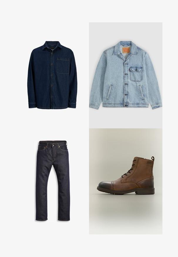Lyseblå denimjakke med knaplukning foran, spids krave, en brystlomme med klap og to sidelommer. Synligt Levi's mærke inde i kraven.; Mørk denim skjorte med lange ærmer, spids krave og brystlomme. Har brune knapper og gule syninger som detaljer.; Mørkeblå denimjeans med lige snit, fem-lomme design, metalbeslag og kontrasterende orange syninger. Glat tekstur, ingen synlige mønstre.; Brun læderstøvle med snørebånd, sort tåhætte, rund sål og mærket detalje på siden mod ensfarvet baggrund.